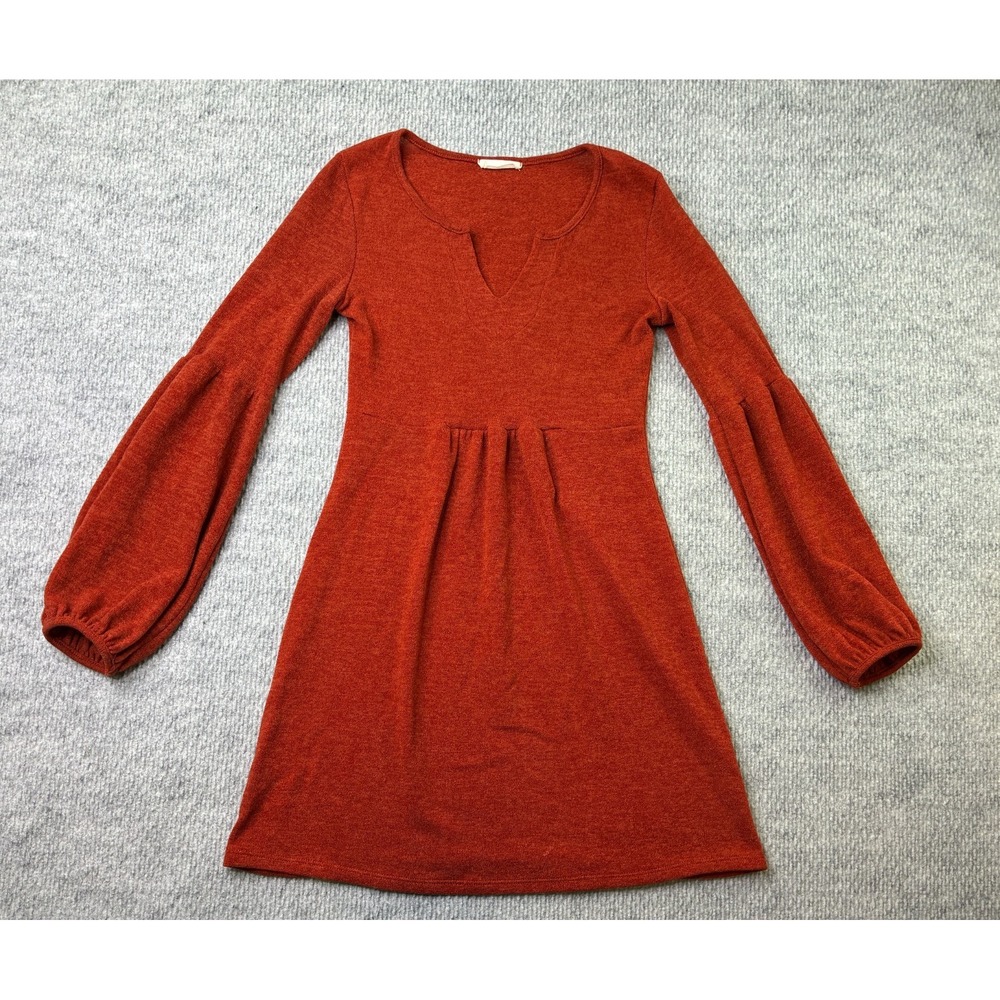 Reborn J Rust Orange Balloon Sleeve Fit Flare Knit Dress Women Boho Fall SMALL